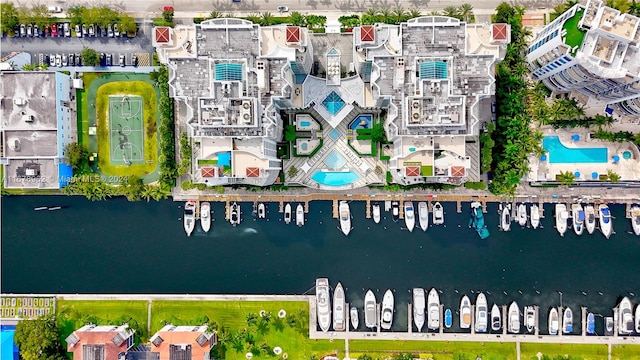 drone / aerial view with a water view