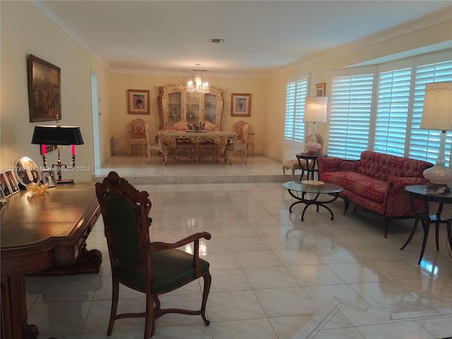 living room with ornamental molding, a notable chandelier, and light tile patterned floors