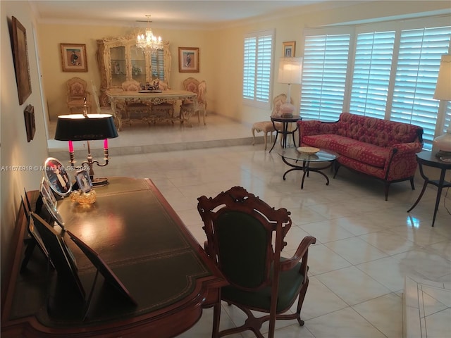 tiled living room with an inviting chandelier and crown molding