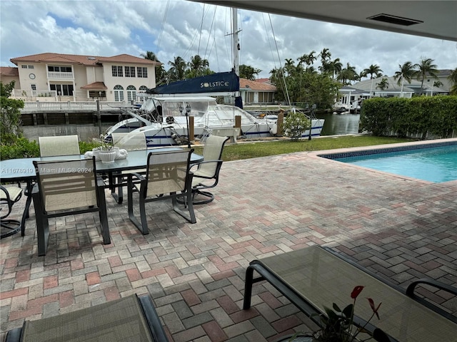 view of pool featuring a patio area and a water view