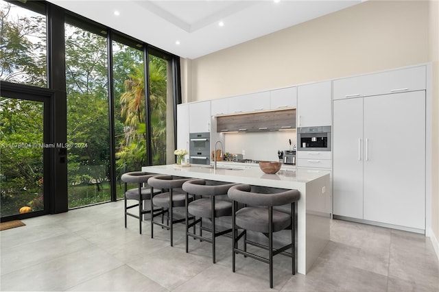 kitchen featuring a kitchen breakfast bar, expansive windows, sink, an island with sink, and white cabinetry