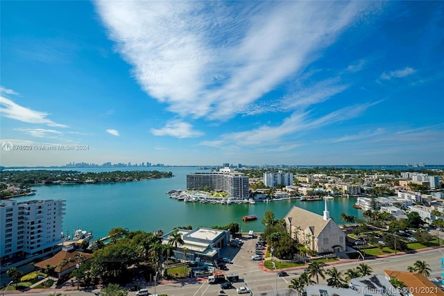 birds eye view of property featuring a water view