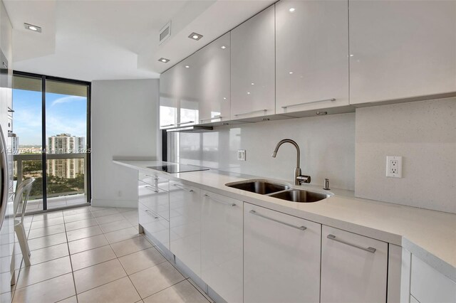 20185 E Country Club Dr Unit 2209, Aventura, FL 33180 - kitchen with a sink, modern cabinets, expansive windows, white cabinetry, and black electric stovetop