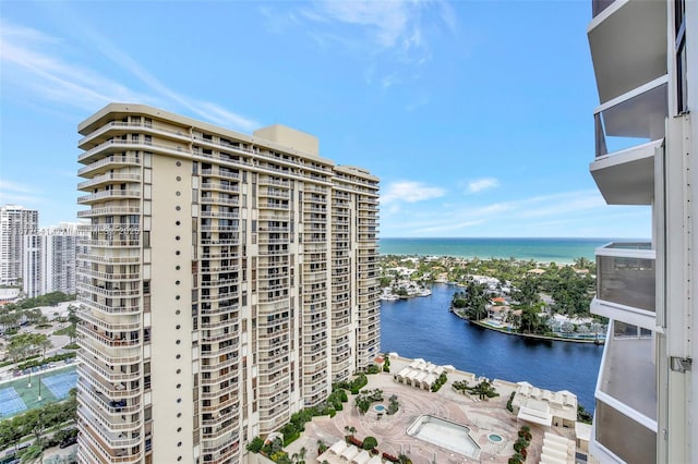 view of building exterior featuring a water view