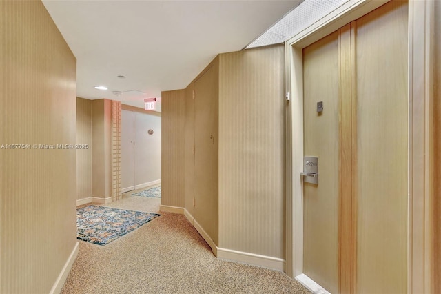 hallway featuring light colored carpet