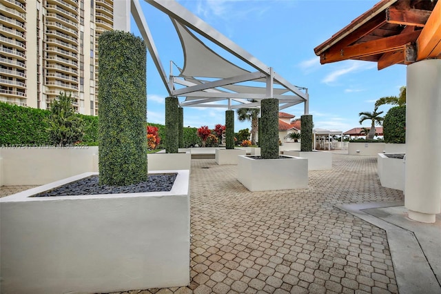 view of property's community featuring a patio area and a pergola