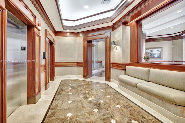 20185 E Country Club Dr Unit 2209, Aventura, FL 33180 - corridor with crown molding, elevator, light marble finish floors, and inlaid floor details
