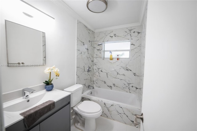 full bathroom with crown molding, vanity, tiled shower / bath combo, and toilet