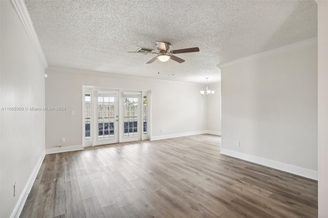 unfurnished living room featuring french doors, hardwood / wood-style flooring, crown molding, a textured ceiling, and ceiling fan with notable chandelier