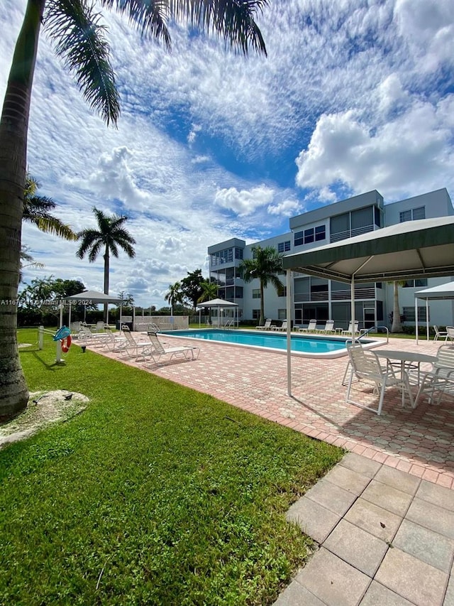 view of pool with a patio area and a lawn