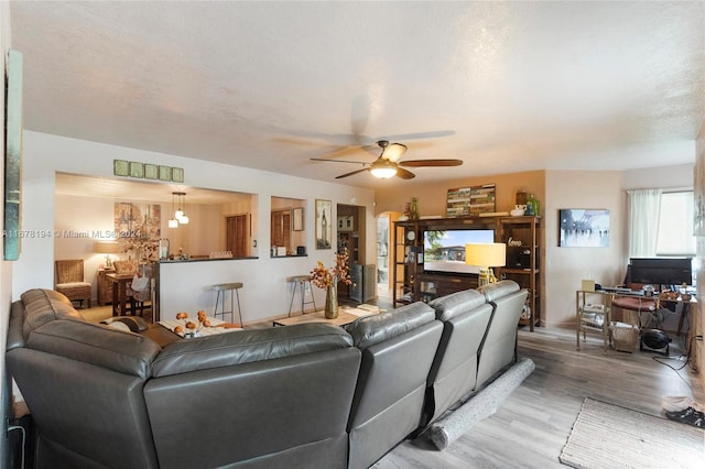 living room with a textured ceiling, wood-type flooring, and ceiling fan