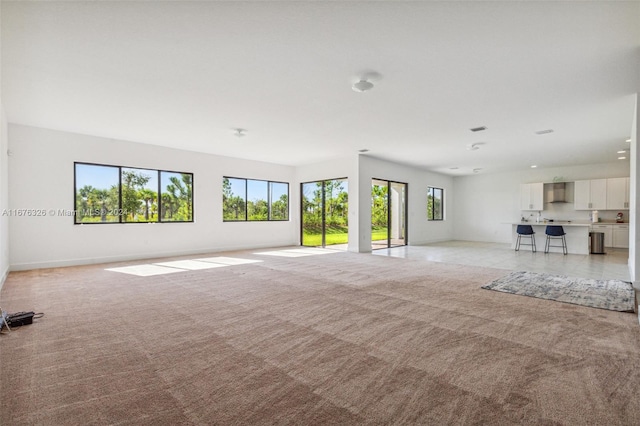 unfurnished living room featuring light carpet