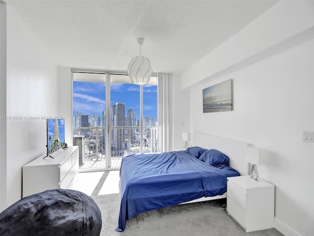 carpeted bedroom with a textured ceiling, a wall of windows, and access to exterior