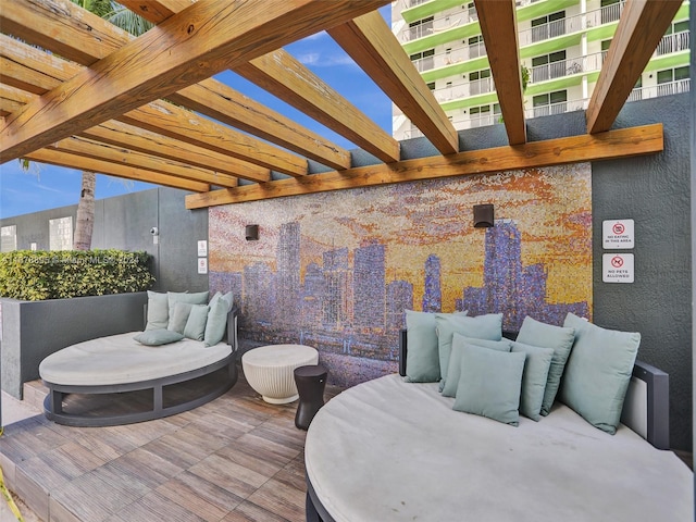 view of patio featuring an outdoor living space and a pergola