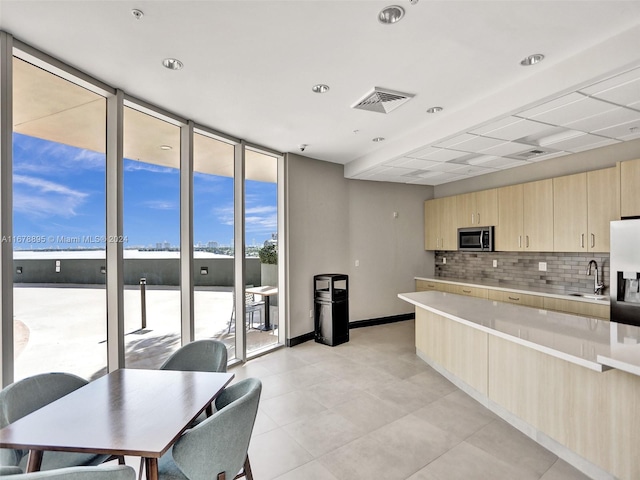 kitchen featuring light brown cabinets, stainless steel appliances, backsplash, sink, and expansive windows