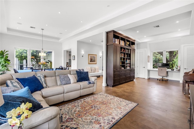 living room with a tray ceiling, wood-type flooring, and a wealth of natural light