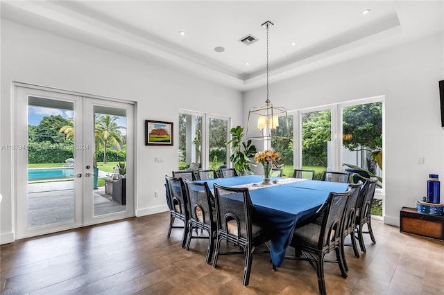 dining room with french doors, dark hardwood / wood-style floors, a tray ceiling, and plenty of natural light