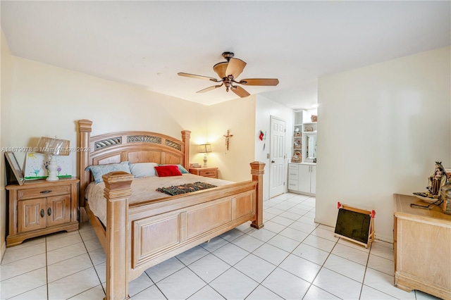 bedroom featuring ceiling fan and light tile patterned floors