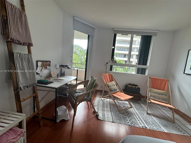 home office with a wealth of natural light and hardwood / wood-style floors