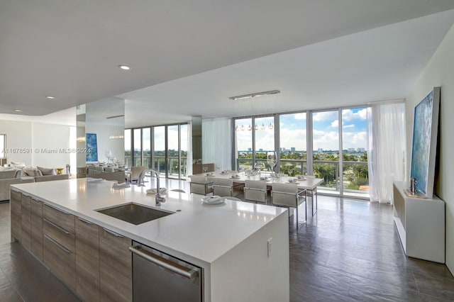 kitchen featuring dishwasher, a kitchen island with sink, sink, and floor to ceiling windows