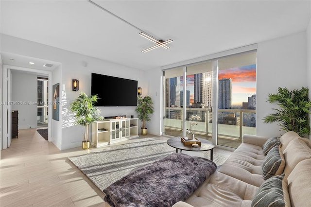 living room with light hardwood / wood-style floors, expansive windows, and plenty of natural light