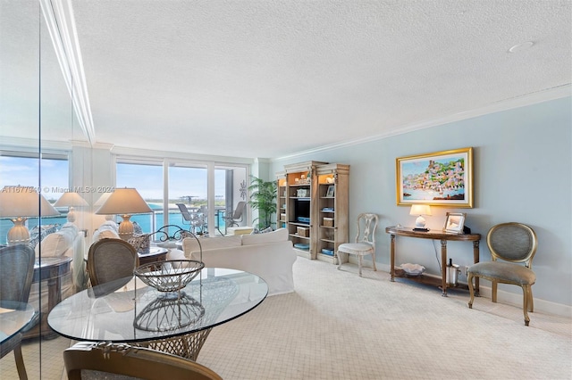 living room featuring crown molding, a textured ceiling, and carpet