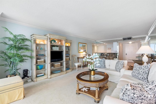 carpeted living room with crown molding and a textured ceiling