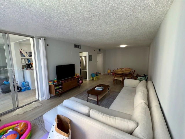 living room featuring hardwood / wood-style floors and a textured ceiling