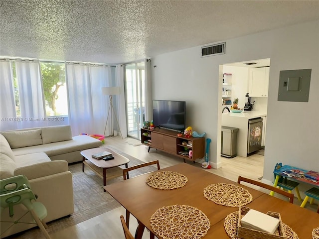 living room with a textured ceiling, light wood-type flooring, and electric panel