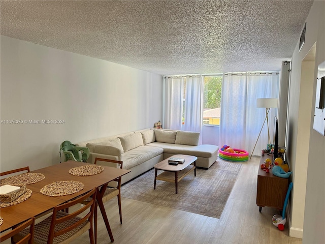 living room featuring a textured ceiling and light wood-type flooring