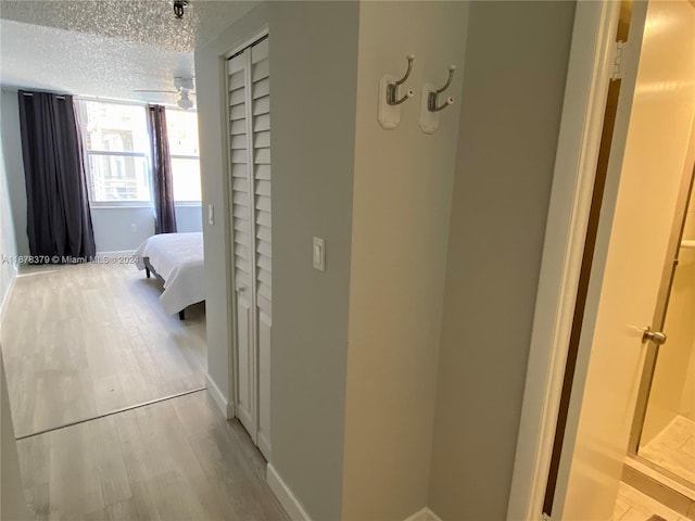 hall with light hardwood / wood-style floors and a textured ceiling