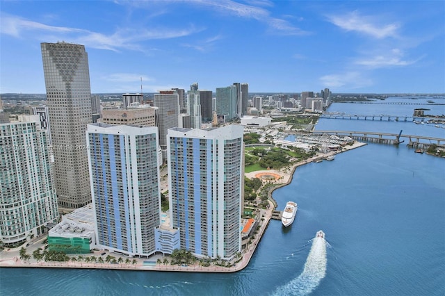 birds eye view of property featuring a water view