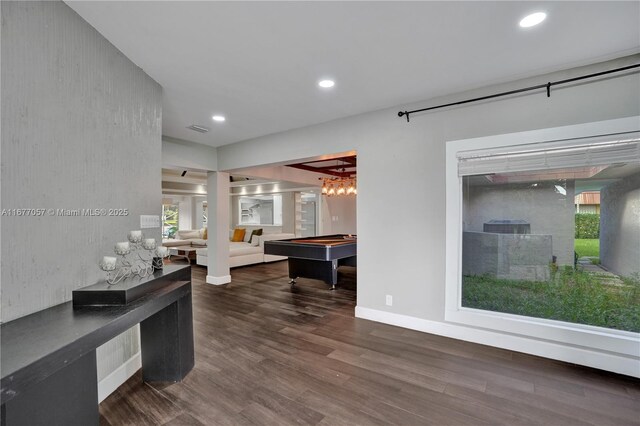 interior space with wood finished floors, billiards, baseboards, visible vents, and recessed lighting