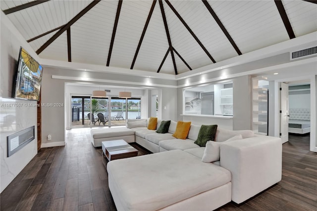 living room featuring wooden ceiling, beamed ceiling, high vaulted ceiling, and dark hardwood / wood-style flooring