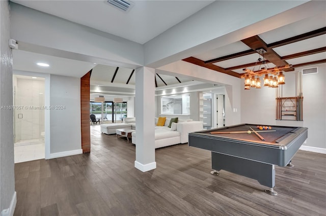 rec room with beamed ceiling, dark hardwood / wood-style flooring, and pool table