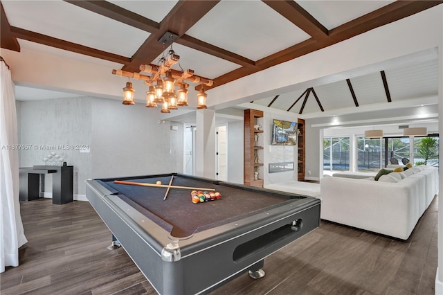 recreation room featuring beamed ceiling, coffered ceiling, pool table, and dark hardwood / wood-style flooring