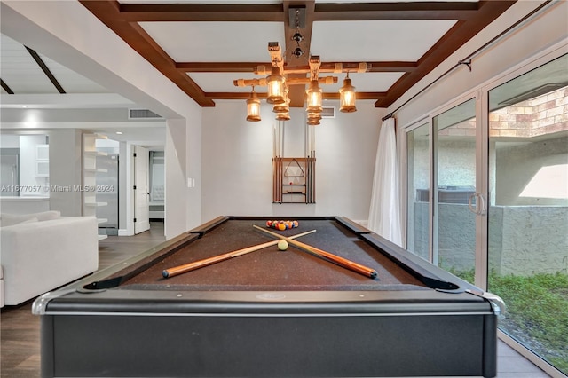 rec room with beam ceiling, pool table, and dark hardwood / wood-style floors