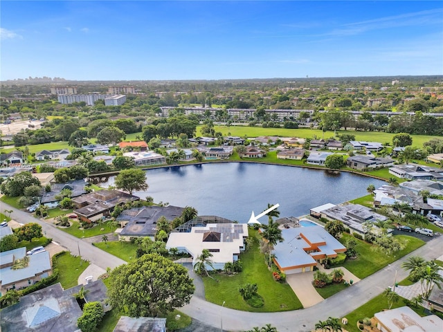 drone / aerial view with a water view