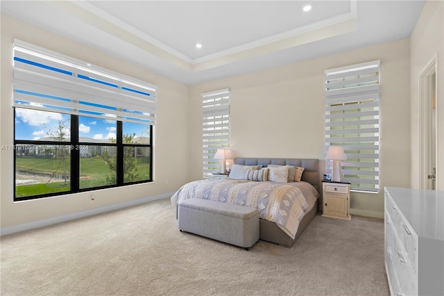 bedroom with crown molding, light colored carpet, and a raised ceiling