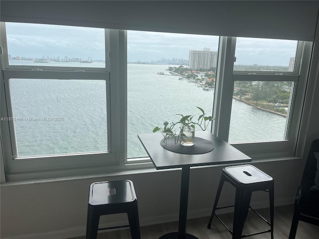 dining space featuring a water view and wood finished floors