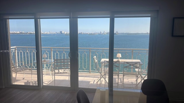 entryway with wood finished floors and a water view