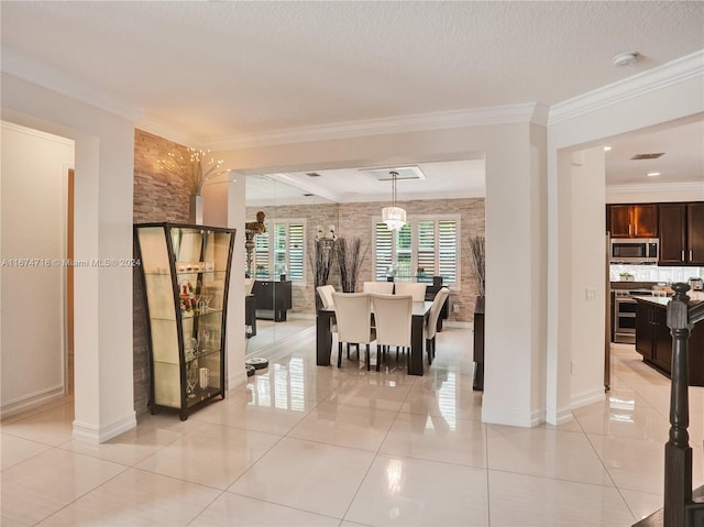 unfurnished dining area with crown molding, a textured ceiling, and light tile patterned floors