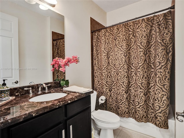 full bathroom featuring toilet, shower / bath combination with curtain, vanity, and tile patterned flooring