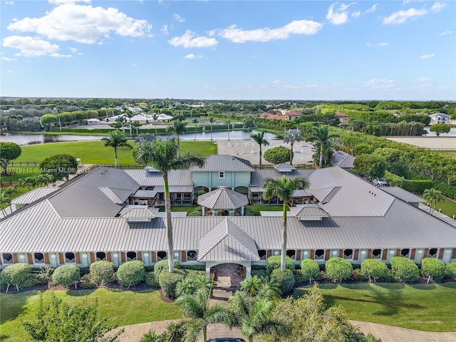 drone / aerial view with a water view