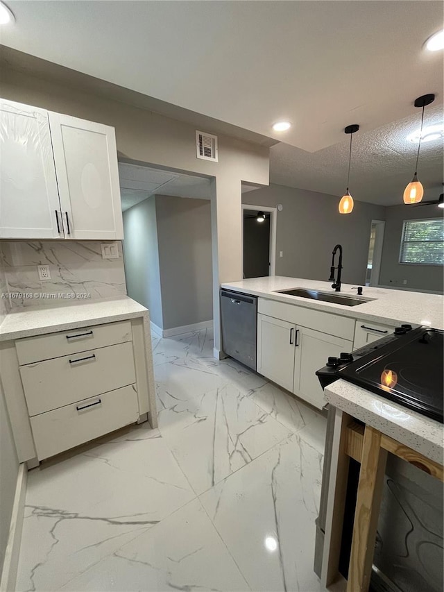 kitchen with black range oven, dishwasher, hanging light fixtures, sink, and white cabinetry