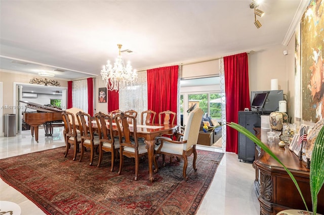 dining area with an inviting chandelier and crown molding