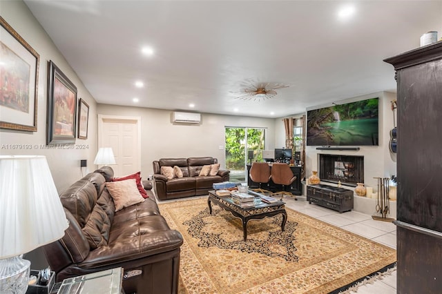 tiled living room with an AC wall unit