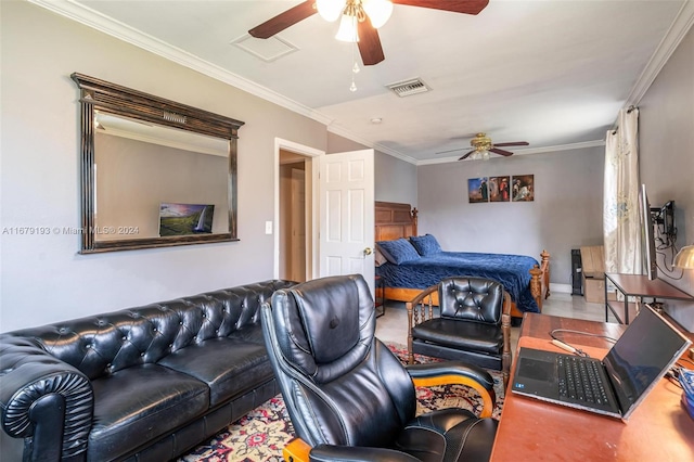 bedroom with ceiling fan and ornamental molding