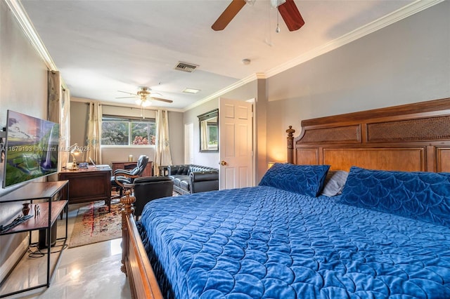 bedroom with ornamental molding and ceiling fan