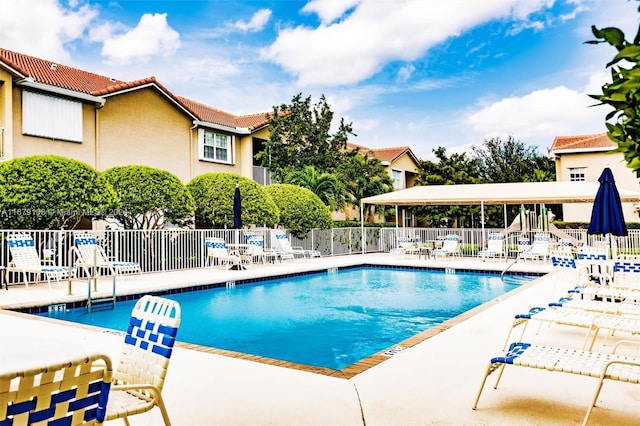 view of swimming pool featuring a patio area